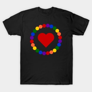 Red Heart Framed in circle of beads of LGBT flag colors T-Shirt